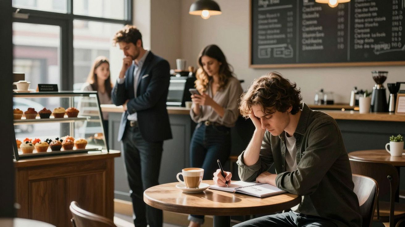 Homem escreve num caderno, com café ao lado, numa cafetaria. Outras pessoas estão ao fundo, uma delas usa telemóvel.