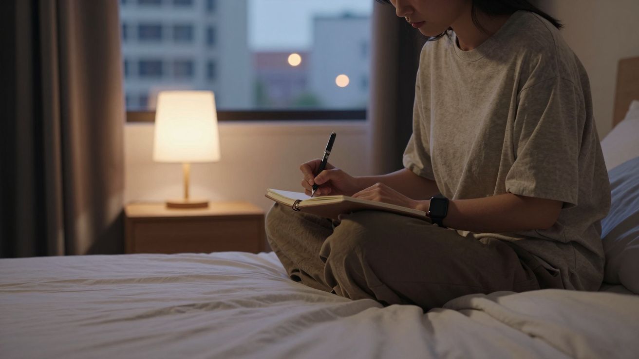 Mulher sentada na cama a escrever num caderno, com candeeiro aceso ao fundo.