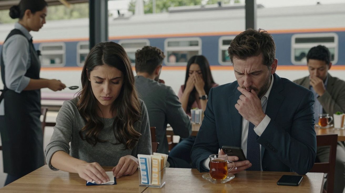 Casal sentado em café numa estação de comboios; mulher limpa a mesa, homem olha para o telemóvel; comboio ao fundo.