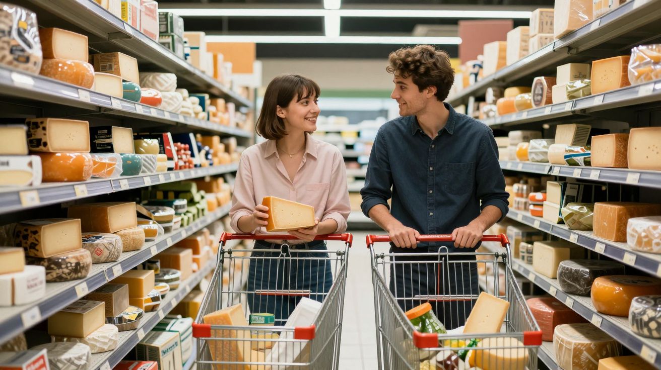 Casal sorridente faz compras de queijo num supermercado, com carrinhos de supermercado cheios ao lado de prateleiras.