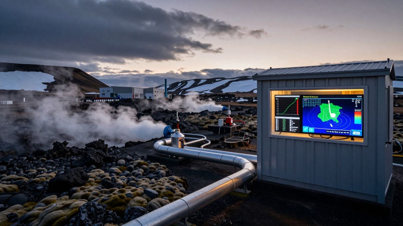 Estação geotérmica ao pôr do sol, com tubo de vapor e ecrã de monitorização, num cenário montanhoso com neve.