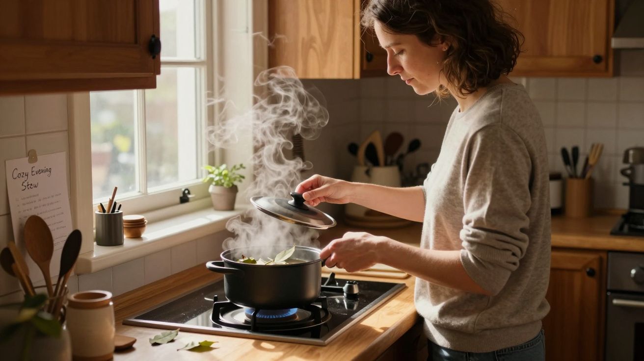 Mulher cozinha numa cozinha luminosa, abrindo uma panela com vapor no fogão a gás.