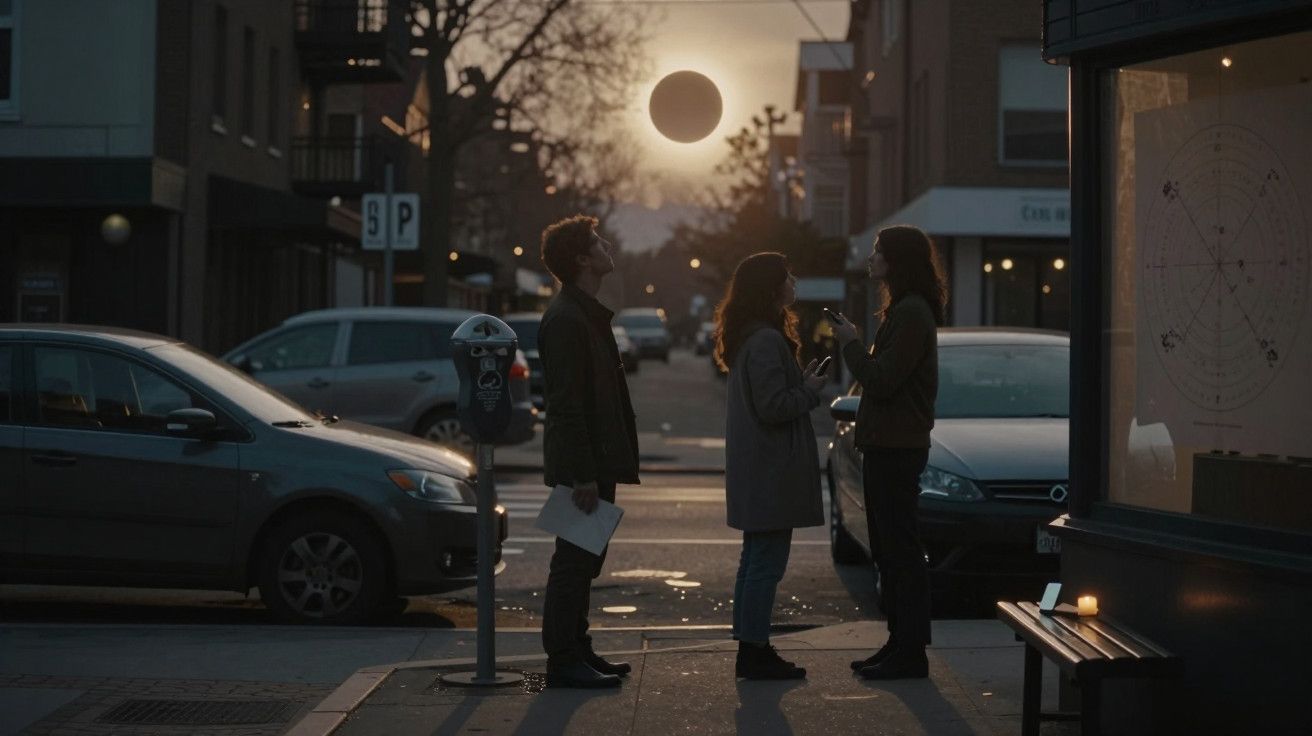 Três pessoas conversam numa rua ao entardecer, com um pôr do sol brilhante no horizonte e carros estacionados ao lado.