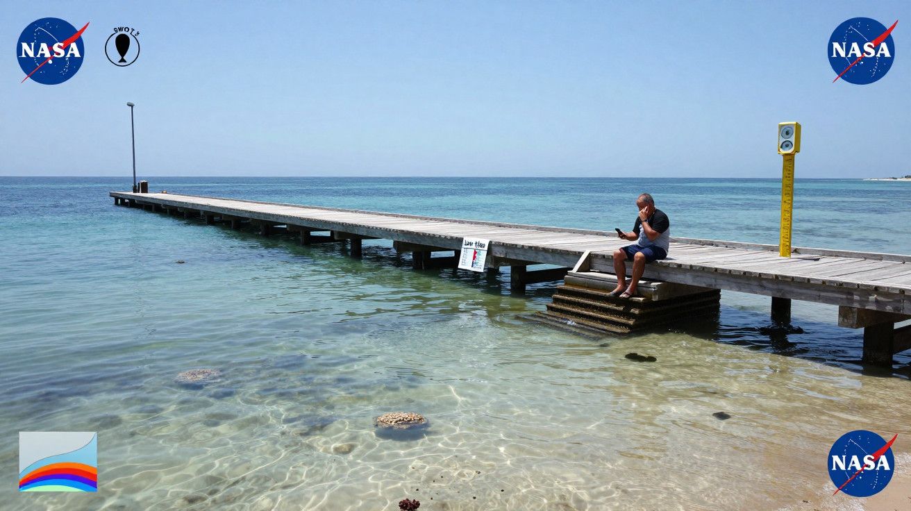 Homem sentado num pontão de madeira sobre água cristalina, com céu azul ao fundo.