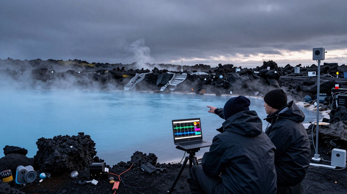 Dois homens em frente a uma lagoa geotérmica, com equipamento técnico e laptop, num cenário vulcânico e nebuloso.