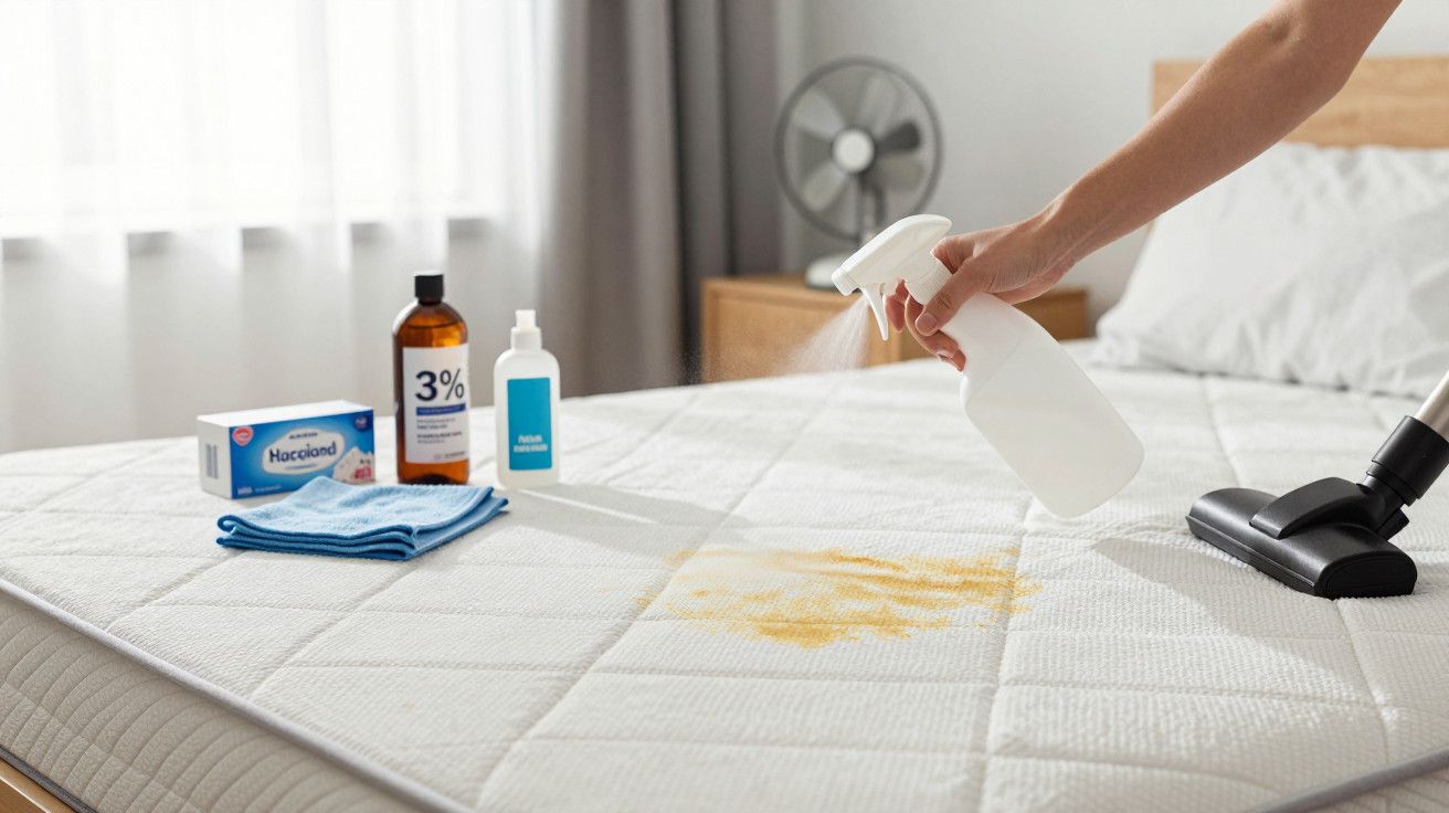 Pessoa pulveriza colchão manchado com spray de limpeza; materiais de limpeza visíveis ao fundo.