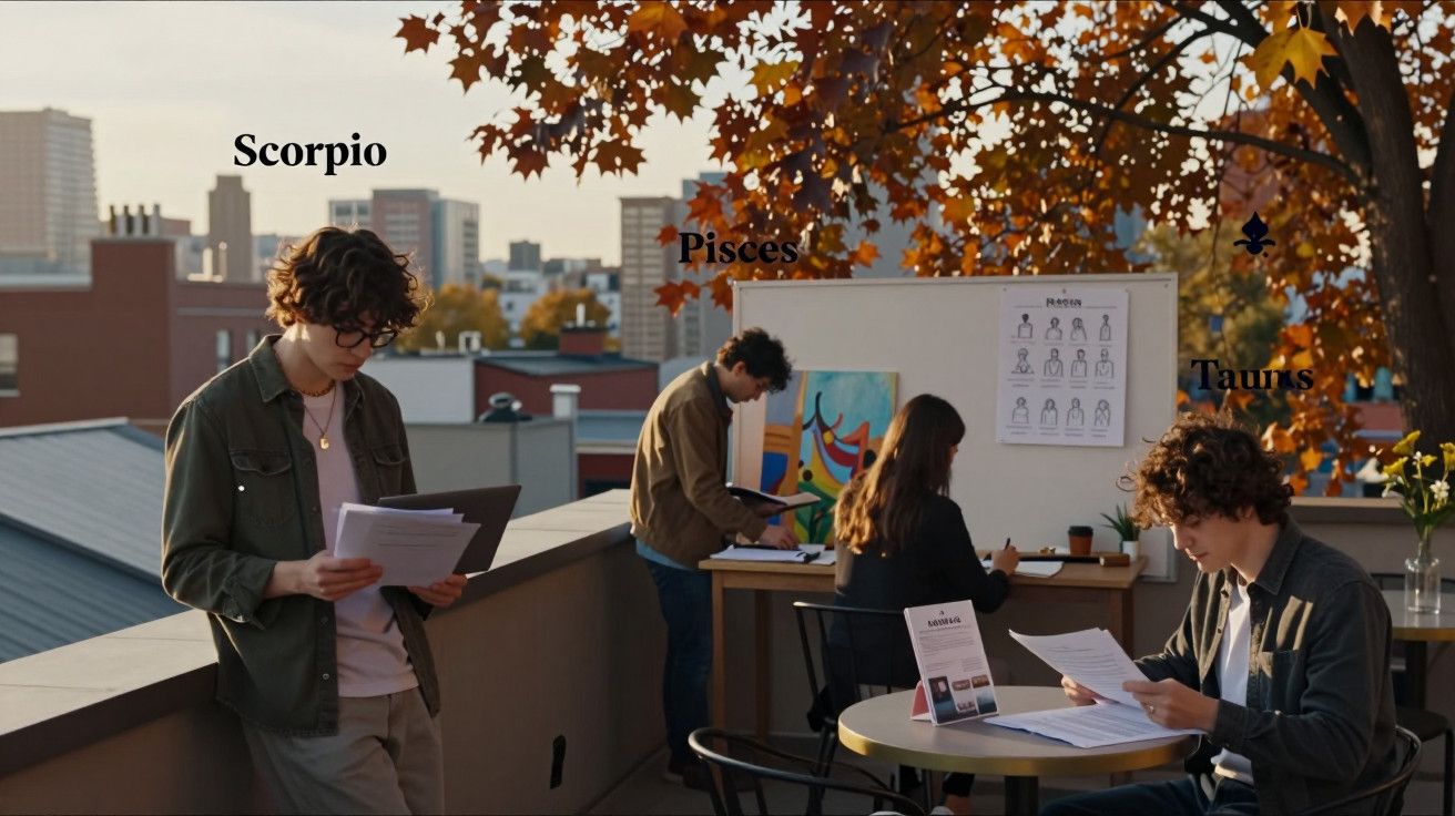 Três pessoas em terraço outonal lendo e estudando, com quadro branco ao fundo e prédios na paisagem urbana.