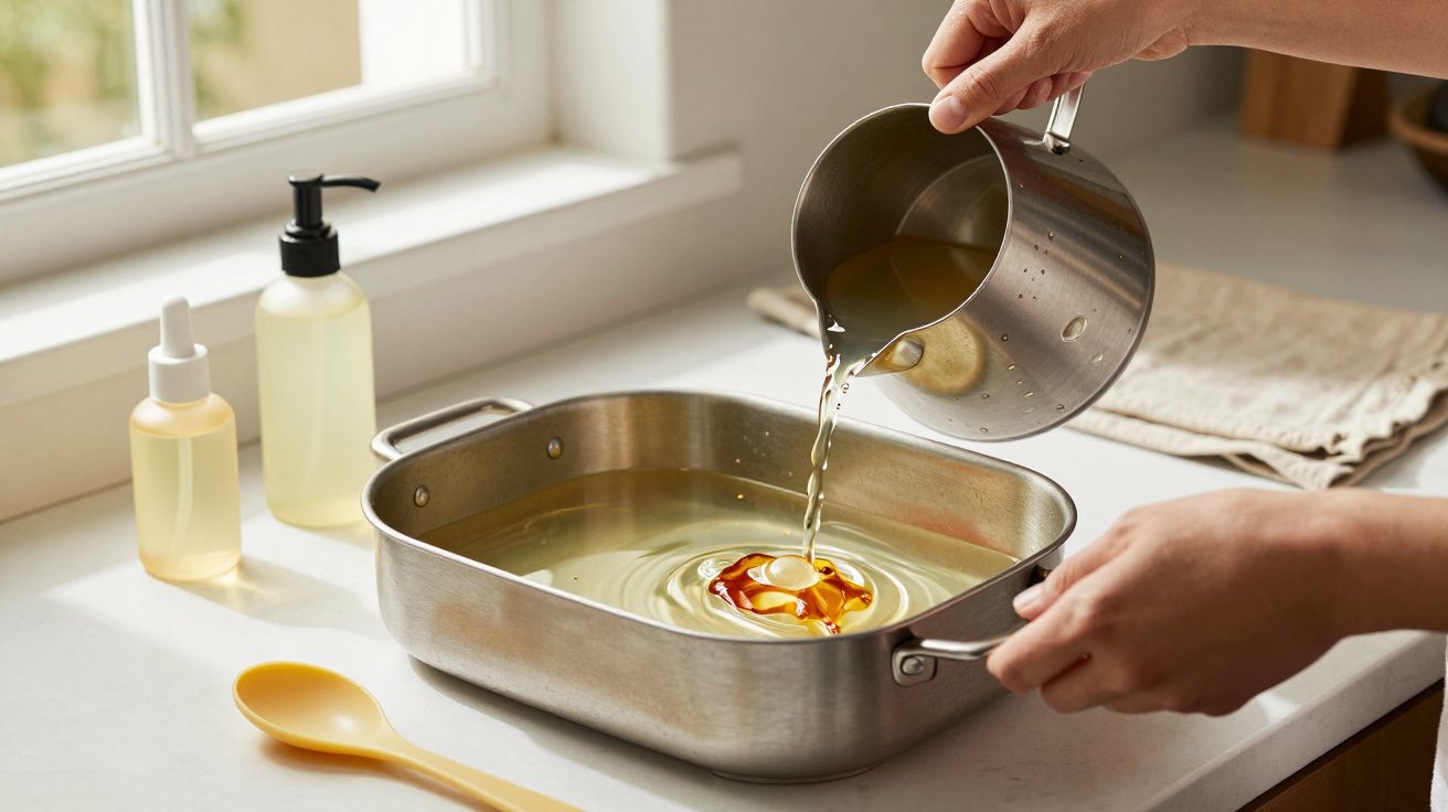 Mãos despejando líquido num tabuleiro metálico em frente a uma janela; frascos e colher ao lado.
