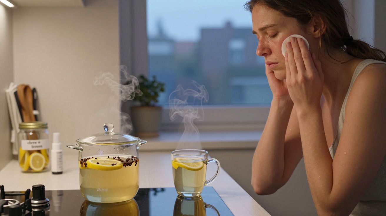 Mulher aplica produto no rosto na cozinha, com chaleira de água quente e limão ao lado.