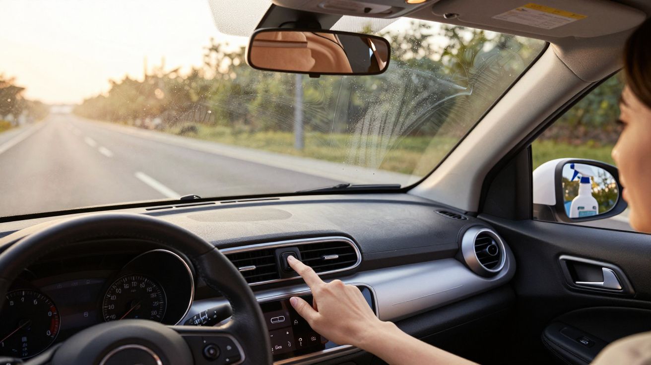 Pessoa a conduzir carro numa estrada vazia, ajustando o painel de controlo enquanto olha em frente.