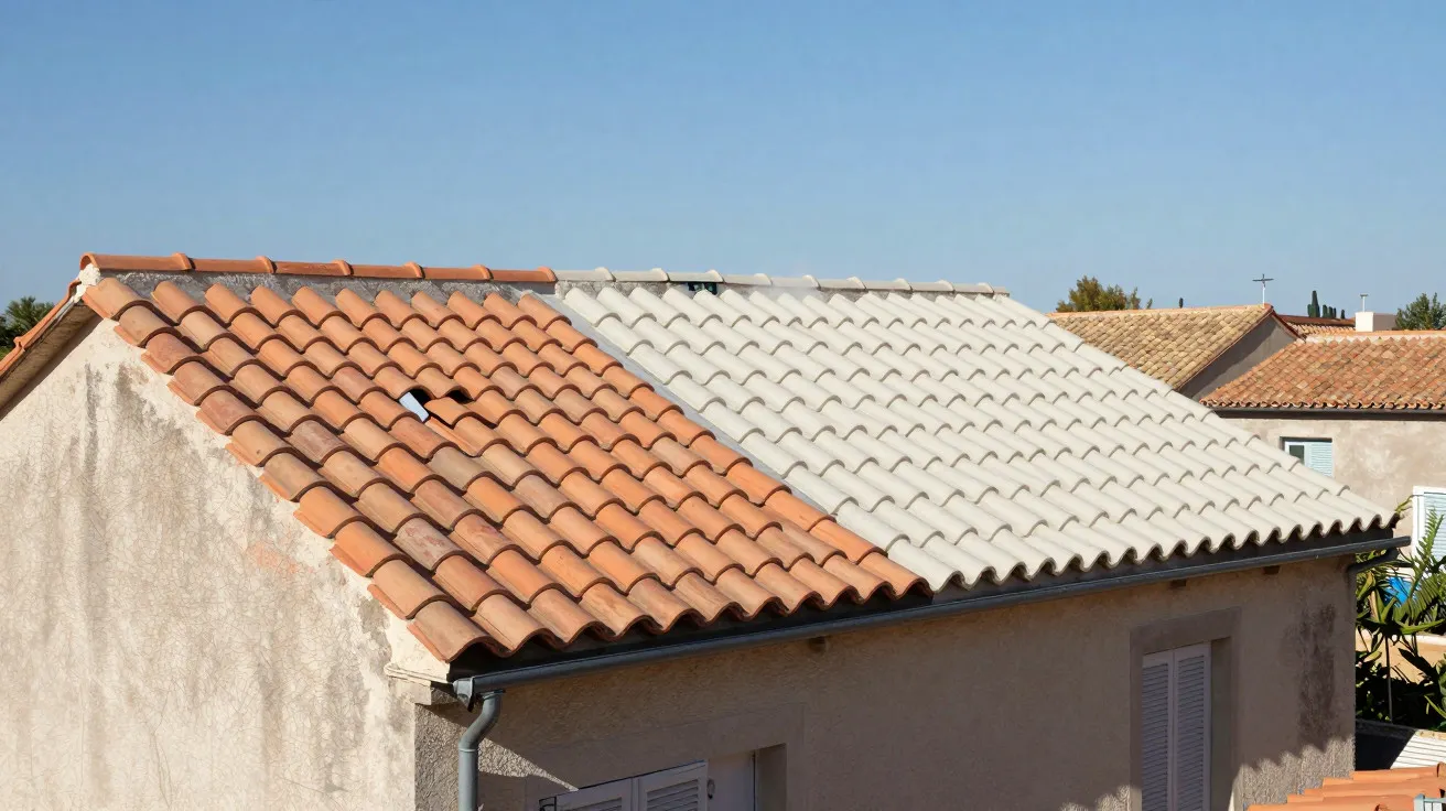 Telhado de casa dividido: lado esquerdo com telhas castanhas, lado direito com telhas brancas, céu azul ao fundo.