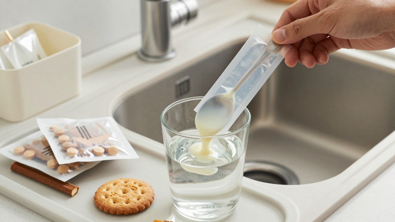 Mão vertendo substância cremosa em copo de água na pia, com bolachas e comprimidos ao lado.