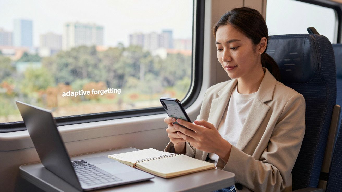 Mulher sentada num comboio, usando um telemóvel com um portátil e caderno abertos à sua frente.