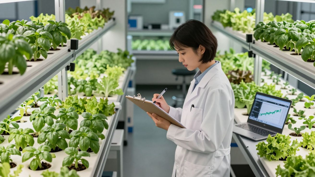 Plantas de manjericão e alface em estufa com sensores, pessoa ao fundo fazendo anotações.