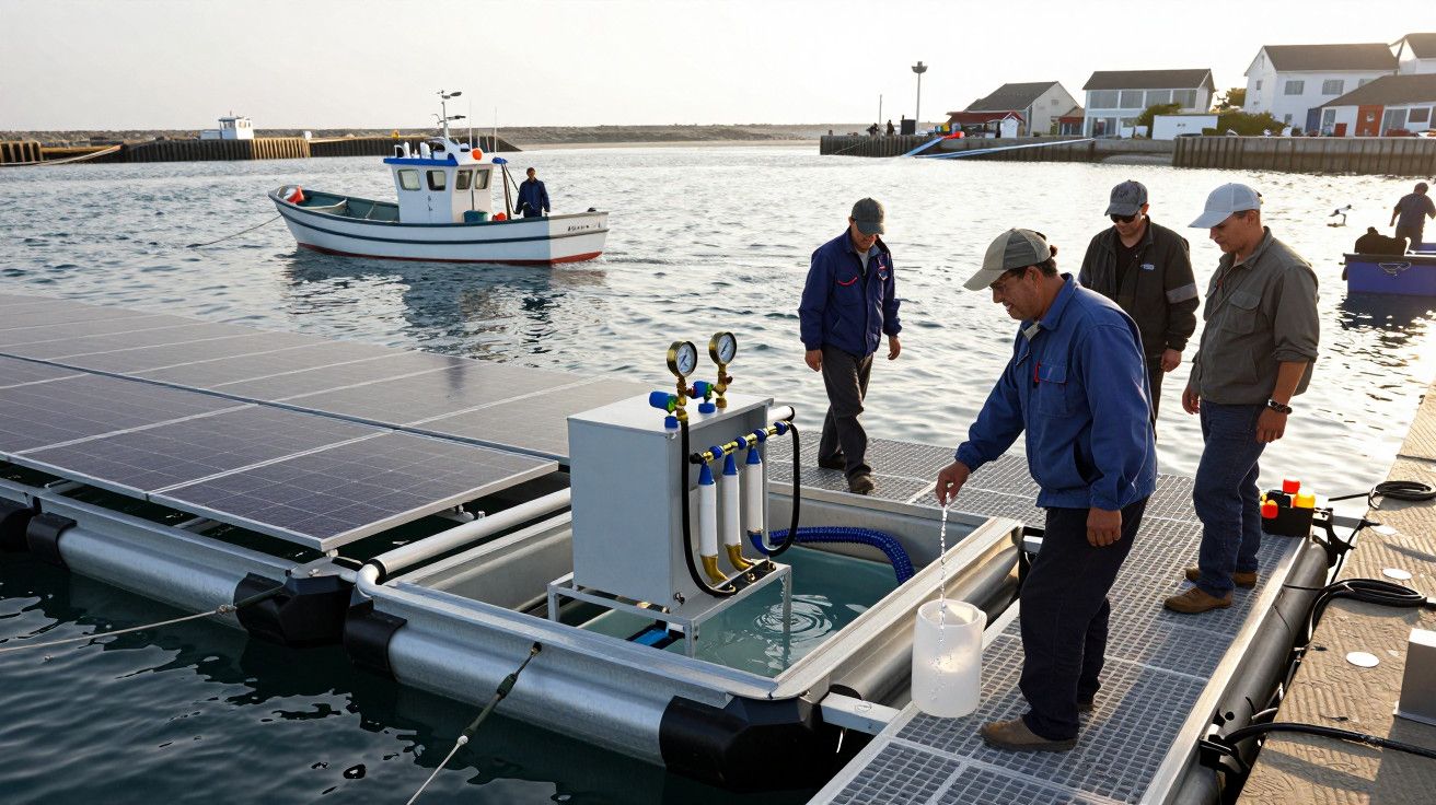 Homens trabalham em plataforma solar flutuante em água, com barco ao fundo e casas à margem.