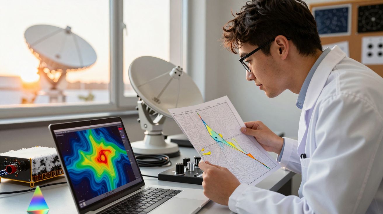 Cientista analisa gráficos de ondas em papel e computador ao lado de antenas parabólicas numa sala iluminada pelo sol.