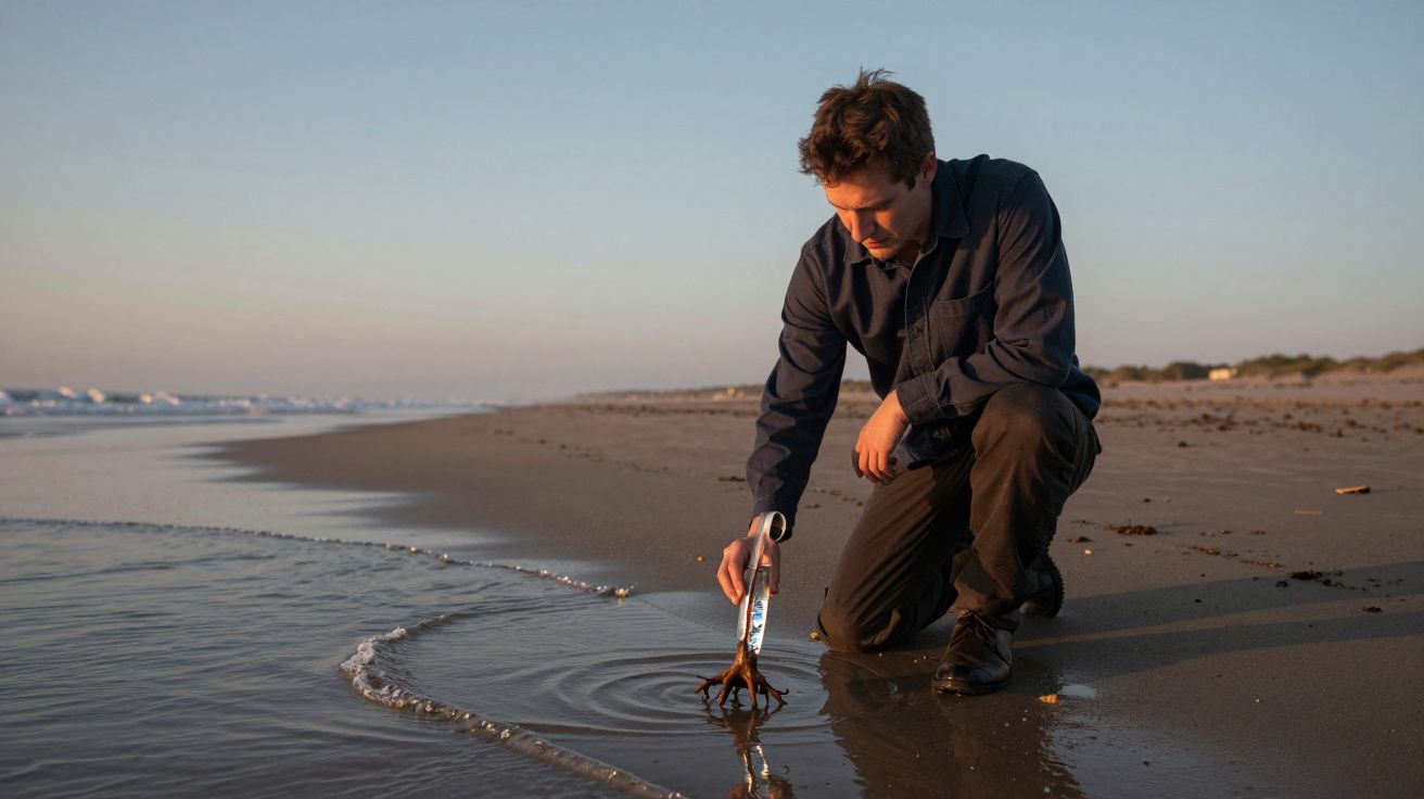 Homem ajoelhado na praia mexe em objeto junto à água, céu limpo ao pôr do sol ao fundo.
