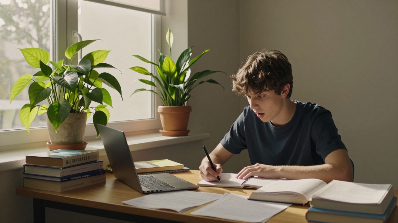 Pessoa a trabalhar em secretária com portátil, caderno, e plantas ao redor.