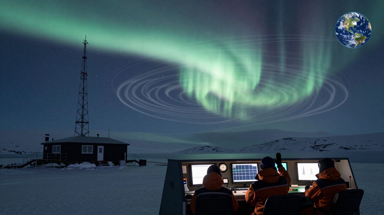 Três pessoas num posto de controlo observam auroras boreais verdes no Ártico, com uma pequena representação da Terra no céu.