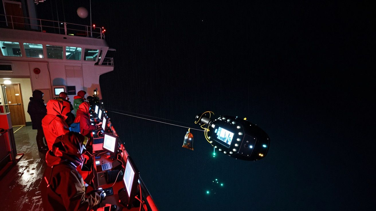 Cientistas de casacos vermelhos analisam dados num barco à noite, observando um equipamento luminoso suspenso na água escura.