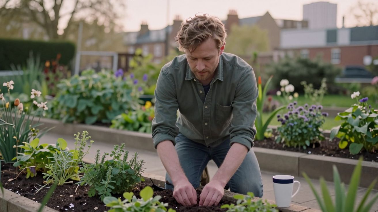 Homem debruçado a cuidar de plantas num canteiro de jardim, com uma caneca ao seu lado.