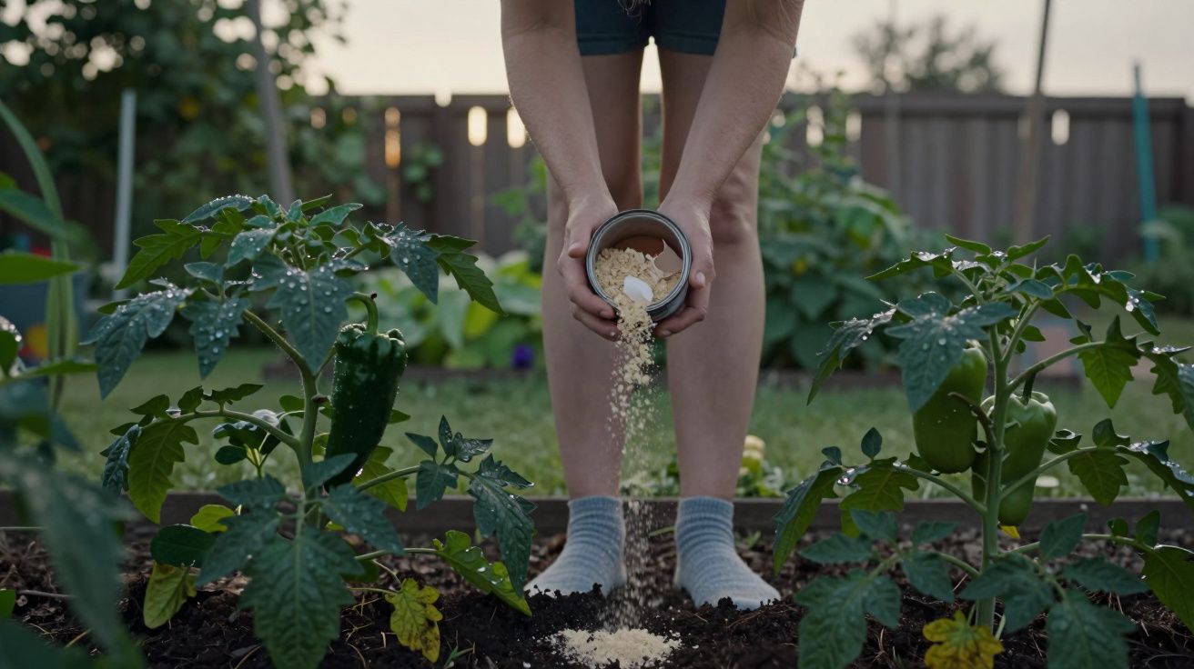 Pessoa de pé num jardim, a deitar fertilizante entre plantas de tomate.