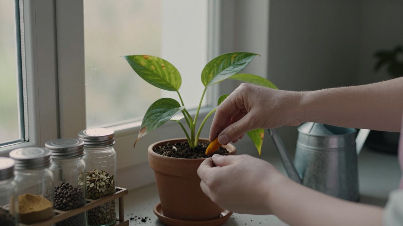 Mãos cuidando de planta num vaso junto a frascos de especiarias e regador numa janela.