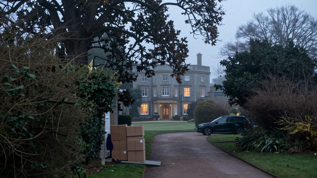 Mansão ao fundo de um caminho ladeado por árvores, caixas empilhadas à esquerda e carro estacionado à direita.