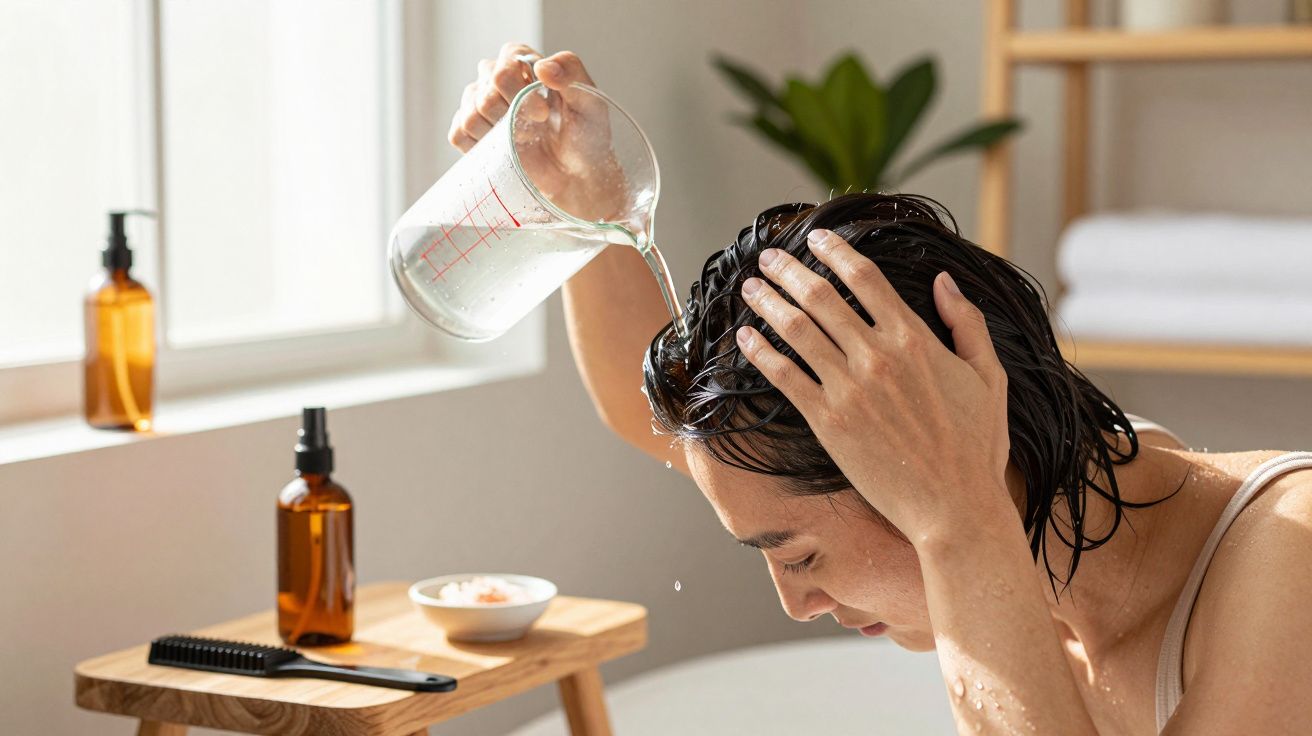 Mulher lava o cabelo numa sala iluminada, usando um jarro de medição. Produtos de cuidado capilar ao lado.