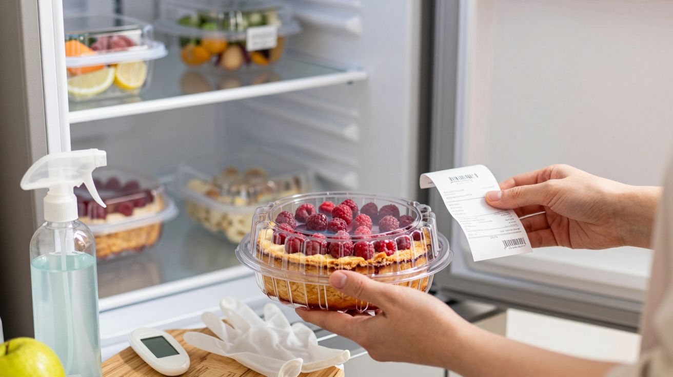 Pessoa segura um bolo de frutas vermelhas em frente a um frigorífico aberto, com termómetro e luvas na bancada.