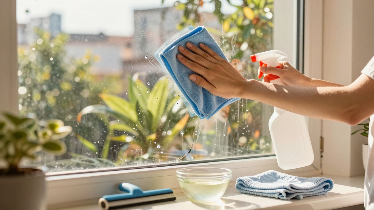 Pessoa a limpar janela com pano azul e spray, plantas ao fundo.