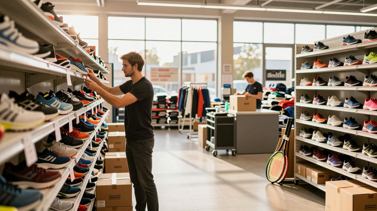 Homem escolhe sapatos desportivos numa loja, com prateleiras cheias de ténis coloridos e raquete de ténis ao fundo.