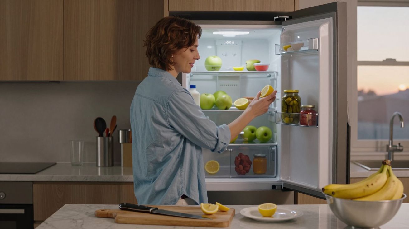 Mulher na cozinha, em frente ao frigorífico aberto, segurando uma metade de limão; bancada com frutas.