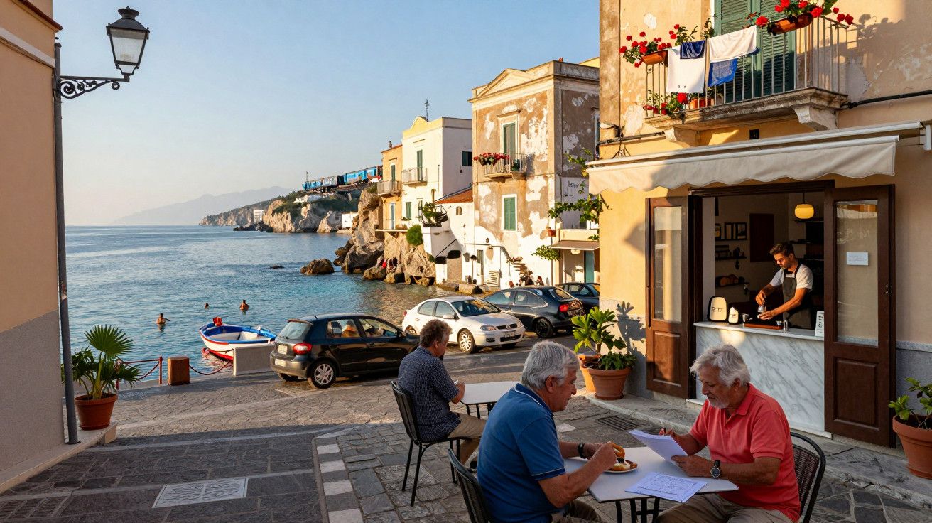 Dois homens a almoçar num café à beira-mar, com vista para carros estacionados e casas coloridas junto à água.