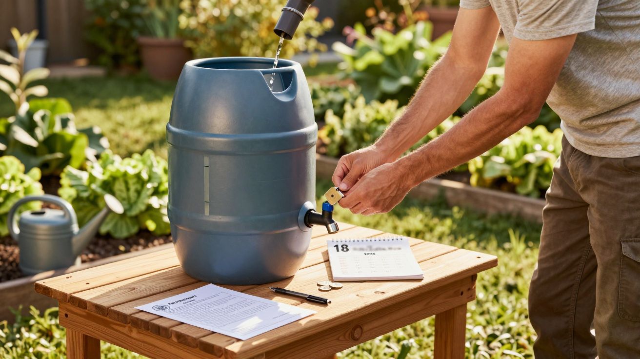 Homem a coletar água num barril azul sobre mesa de madeira num jardim, ao lado de rega e calendário.