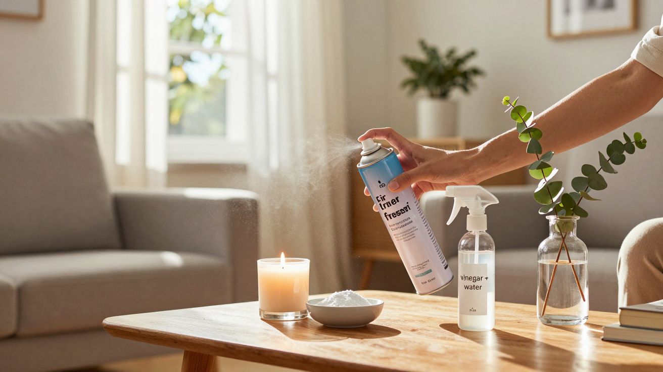 Pessoa a espirrar ambientador num sala iluminada, com vela acesa e arranjo de folhas sobre a mesa.