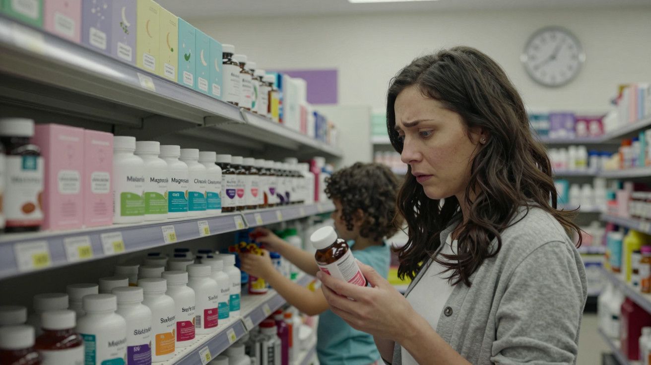Mulher e criança numa farmácia, analisando frascos de suplementos numa estante. Relógio de parede ao fundo.
