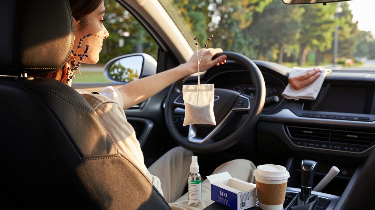 Mulher em carro, segurando volante com café, spray, lenços e caixa sobre o painel. Árvores visíveis pela janela.