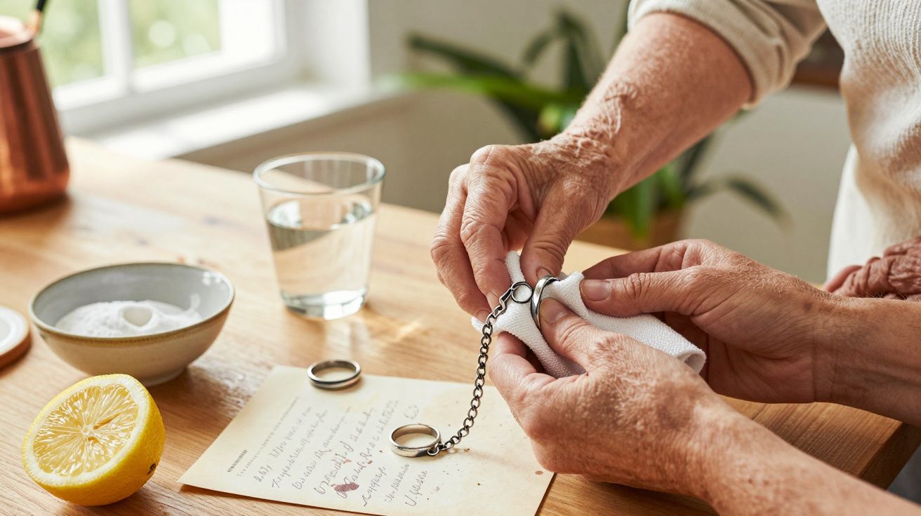 Duas pessoas limpam joias sobre a mesa com limão, água e bicarbonato. Anéis e uma corrente estão sobre um papel.