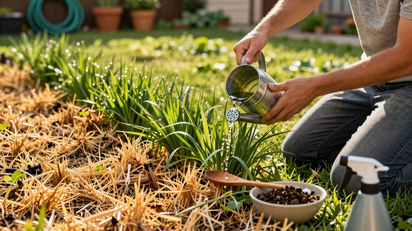Pessoa a regar plantas num jardim com regador metálico. Ferramentas de jardinagem e tigela ao lado.