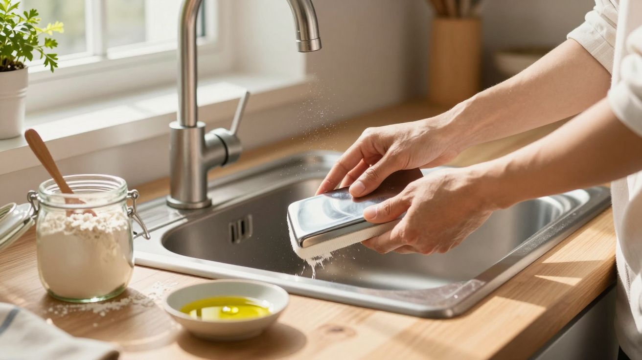 Pessoa a lavar uma esponja de aço inoxidável na pia da cozinha com luz natural.