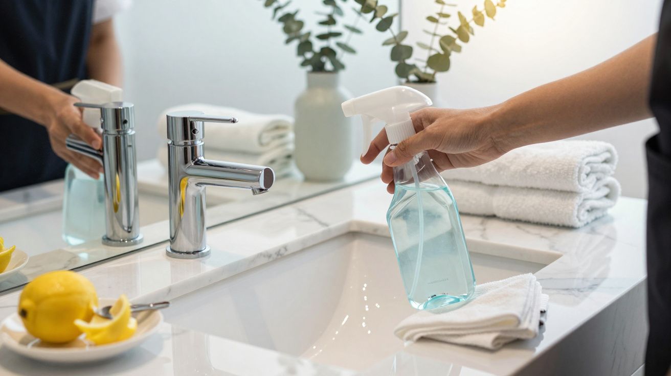 Pessoa limpa lavatório com produto em spray, toalhas brancas e limões ao redor, num ambiente de casa de banho moderno.