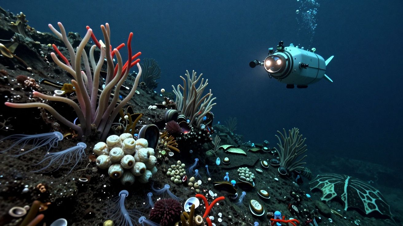 Submarino explora recife de coral colorido no fundo do mar, rodeado por diversas formas de vida marinha.