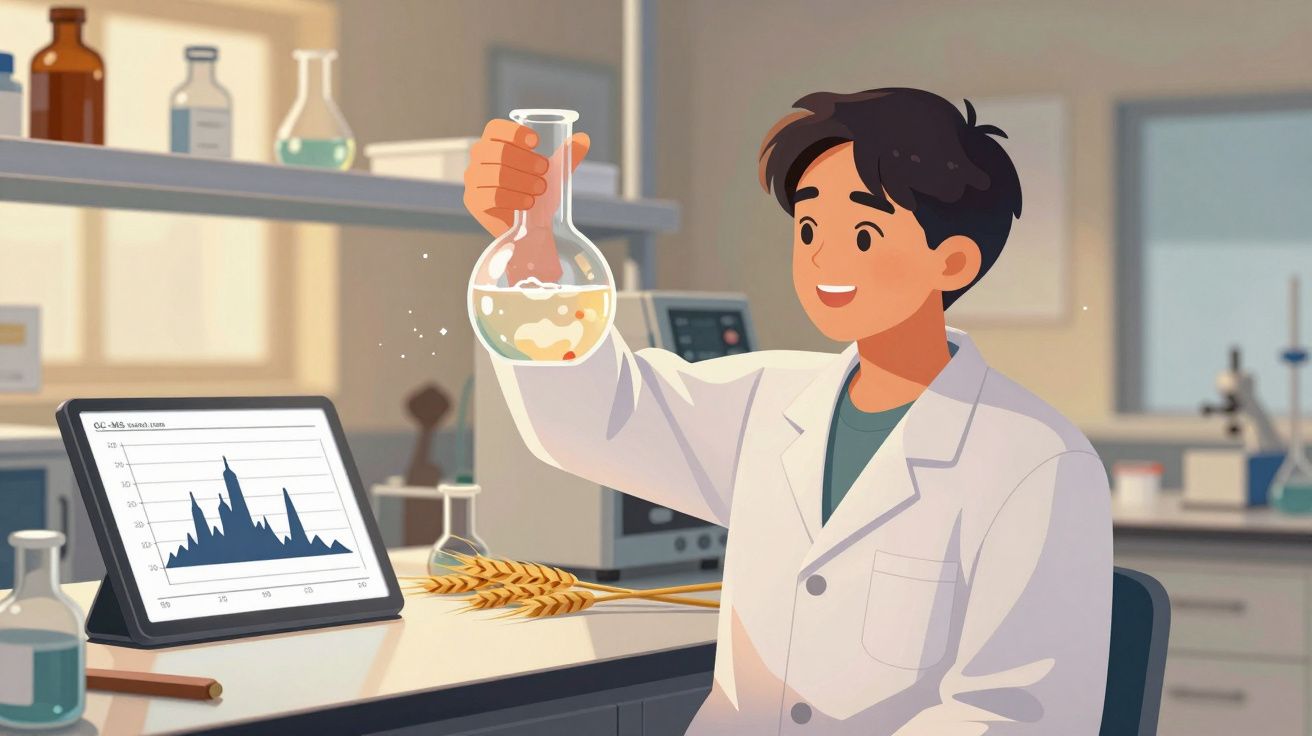 Jovem cientista em laboratório, segurando um balão de vidro e analisando gráficos num tablet.