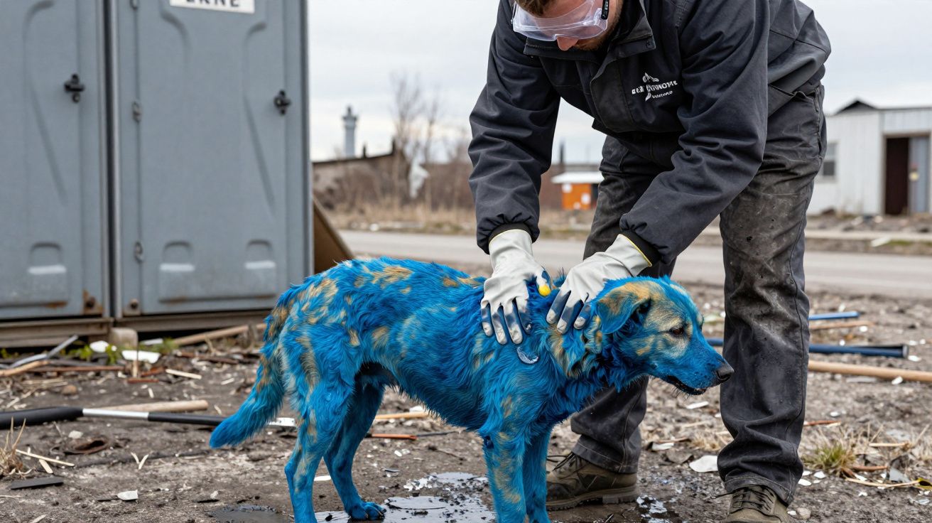 Quatro cães azuis ao lado de uma pessoa em traje de proteção branca, ao lado de uma cabine cinzenta.