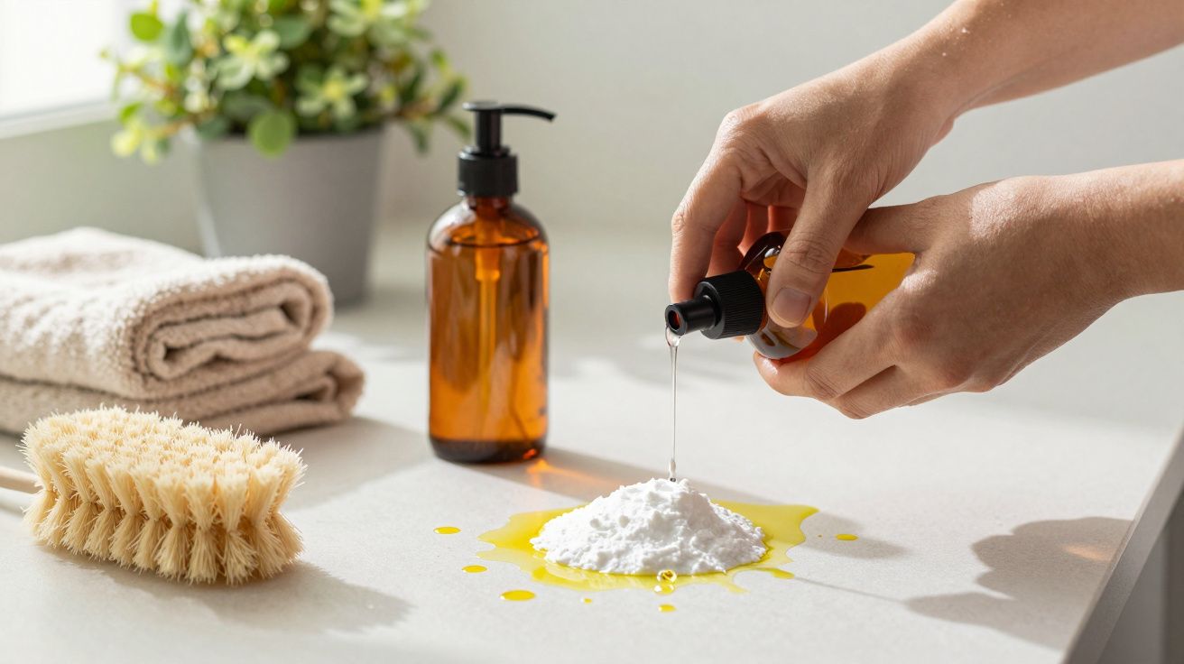 Mãos aplicando líquido num monte de pó branco em bancada, com toalha, escova e frasco âmbar ao fundo.