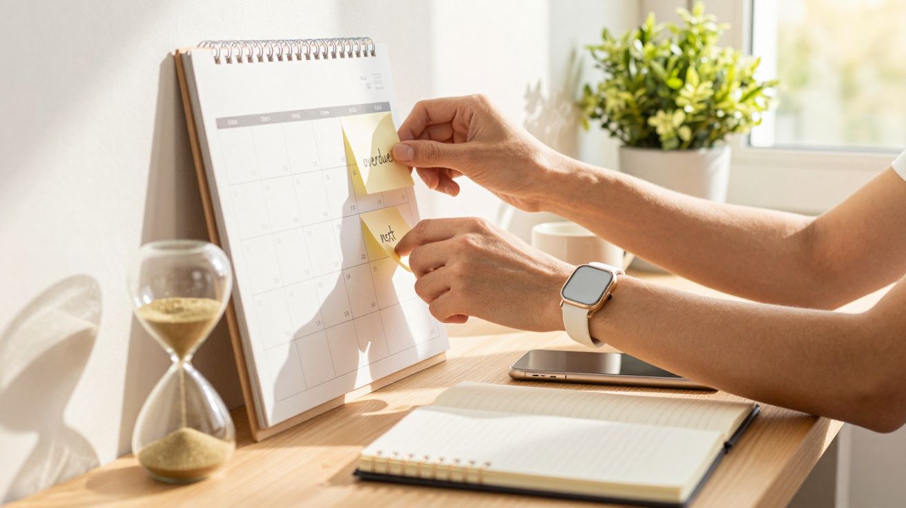 Pessoa coloca notas adesivas num calendário de mesa ao lado de um bloco de notas, ampulheta e planta.