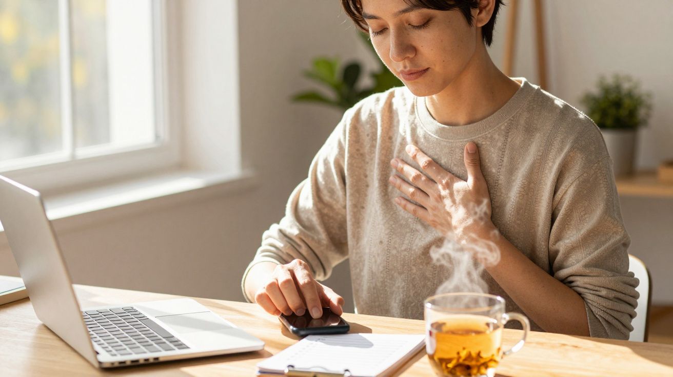 Pessoa junto a janela, usando smartphone e laptop, com chá e bloco de notas na mesa. Jovem com uma mão no peito.