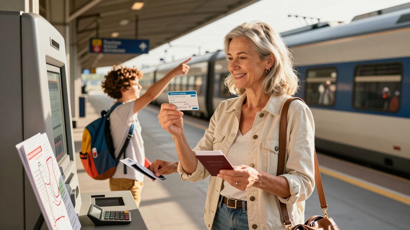 Mulher a comprar bilhete na estação de comboios com uma criança ao fundo, segurando mochila colorida.