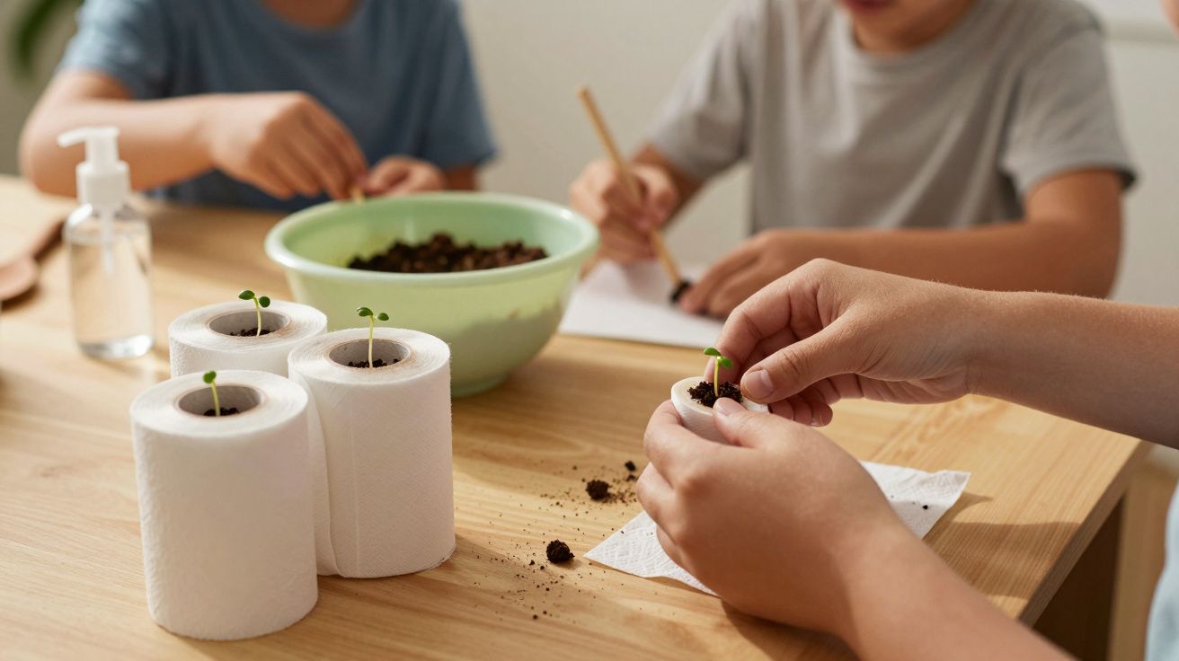 Crianças plantam sementes em rolos de papel higiénico, com terra e tigela ao fundo sobre uma mesa de madeira.